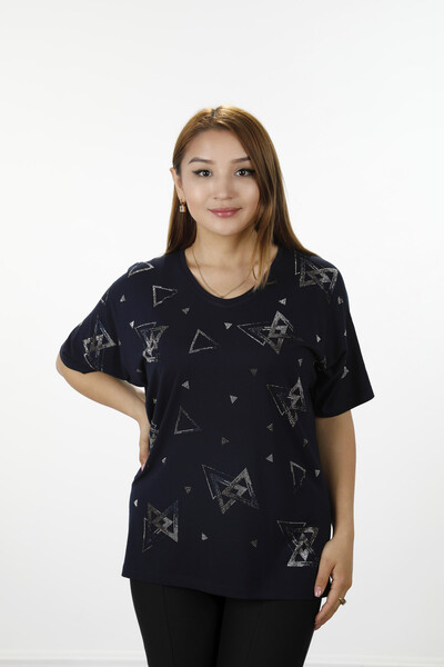 Wholesale Women's Combed Cotton Asymmetric Patterned Stone Embroidered Short Sleeve - 77795 | KAZEE - Thumbnail