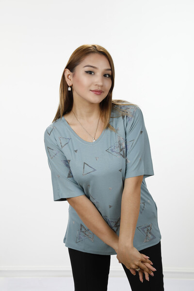 Wholesale Women's Combed Cotton Asymmetric Patterned Stone Embroidered Short Sleeve - 77795 | KAZEE - Thumbnail