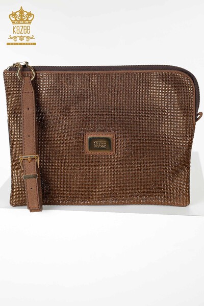 Wholesale Women's Bag Crystal Stone Embroidered Brown - 526 | KAZEE - Thumbnail