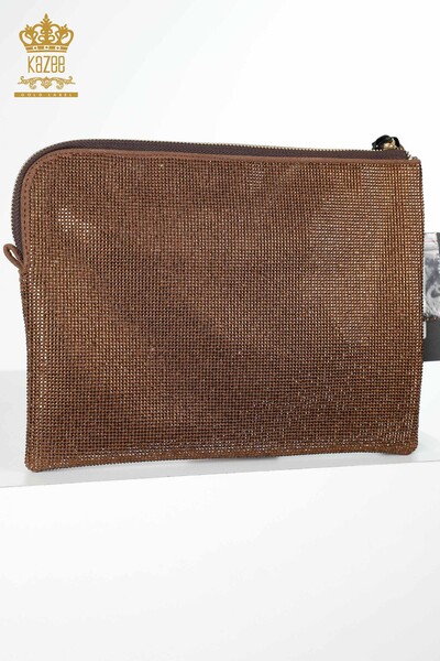 Wholesale Women's Bag Crystal Stone Embroidered Brown - 526 | KAZEE - Thumbnail