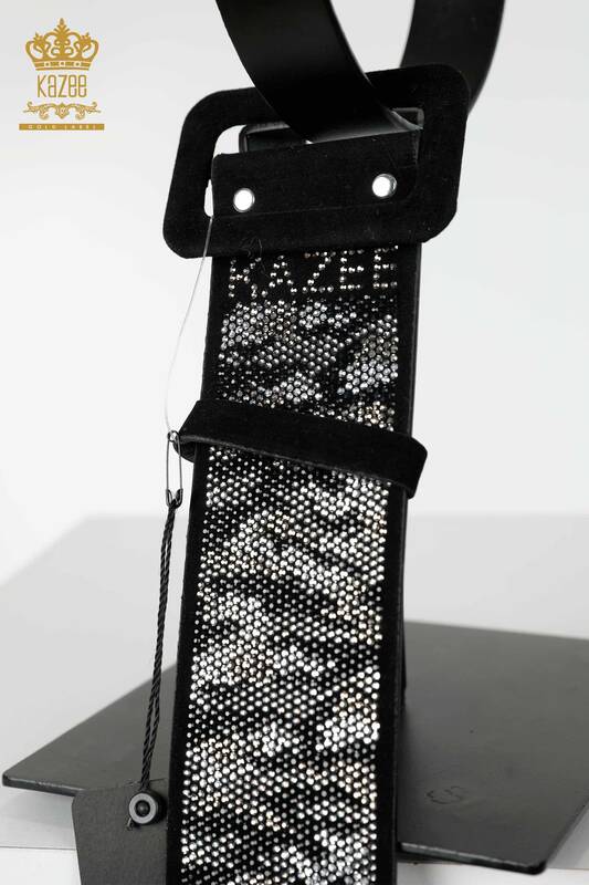 Wholesale Women's Belt Crystal Stone Embroidered Black - 507 | KAZEE