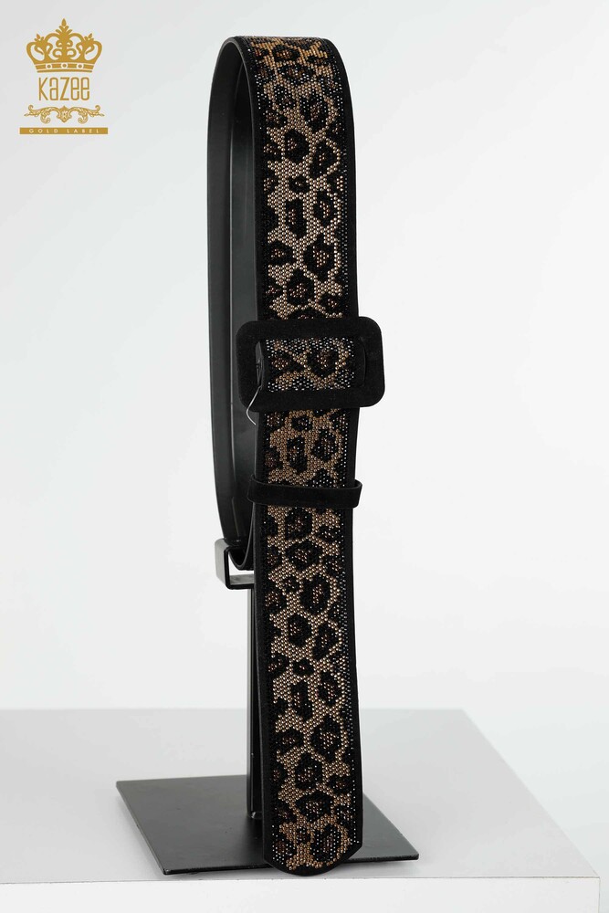 Wholesale Women's Belt Leopard Stone Embroidered Black - 509 | KAZEE - 1