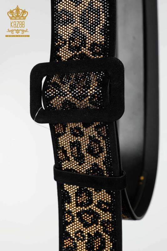 Wholesale Women's Belt Leopard Stone Embroidered Black - 509 | KAZEE