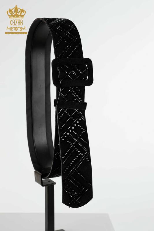 Wholesale Women's Belt Striped Crystal Stone Embroidered Black - 540 | KAZEE