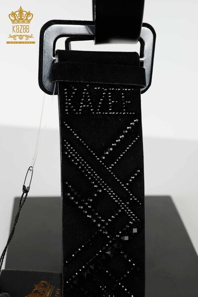 Wholesale Women's Belt Striped Crystal Stone Embroidered Black - 540 | KAZEE - Thumbnail
