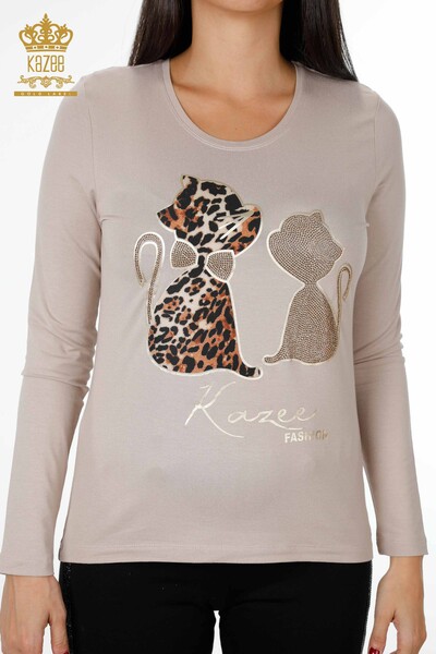 Kazee - Wholesale Women's Blouse With Animal Figures and Lettering Detailed Stone - 79013 | KAZEE (1)