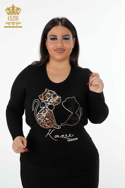 Wholesale Women's Blouse With Animal Figures and Lettering Detailed Stone - 79013 | KAZEE - Thumbnail