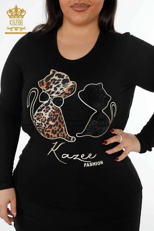 Wholesale Women's Blouse With Animal Figures and Lettering Detailed Stone - 79013 | KAZEE