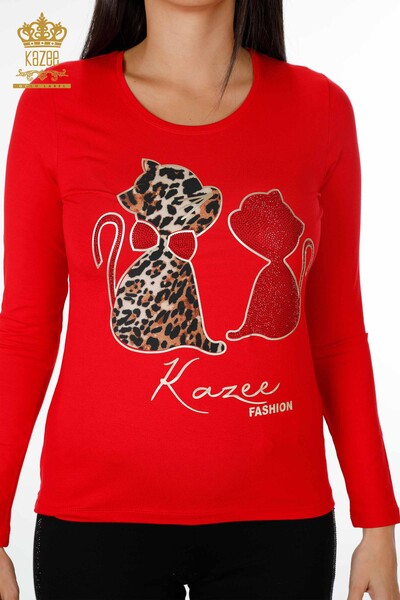 Wholesale Women's Blouse With Animal Figures and Lettering Detailed Stone - 79013 | KAZEE - Thumbnail