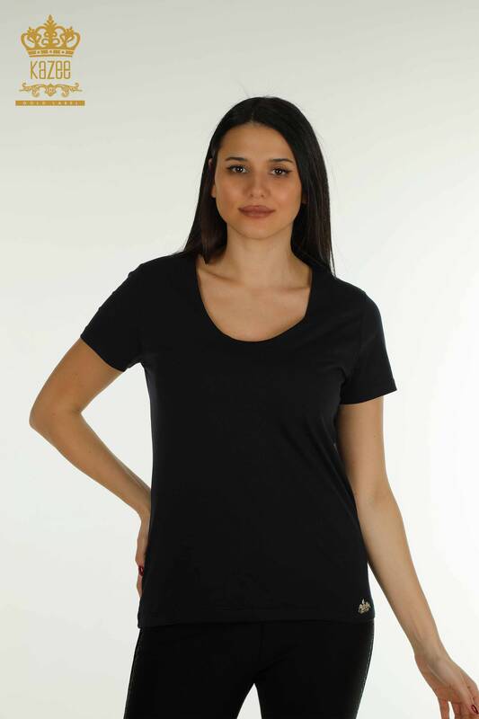 Wholesale Women's Blouse - Basic - With Logo - Navy Blue - 79190 | KAZEE