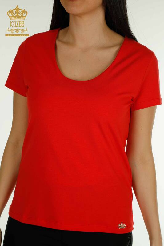 Wholesale Women's Blouse - Basic - With Logo - Red - 79190 | KAZEE