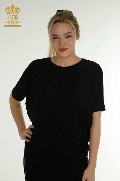 Wholesale Women's Blouse - Bead Embroidery - Black - 79196 | KAZEE - Thumbnail