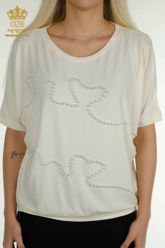 Wholesale Women's Blouse - Bead Embroidery - Ecru - 79196 | KAZEE