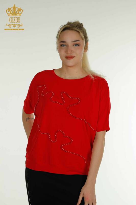 Wholesale Women's Blouse Beaded Embroidered Red - 79196 | KAZEE
