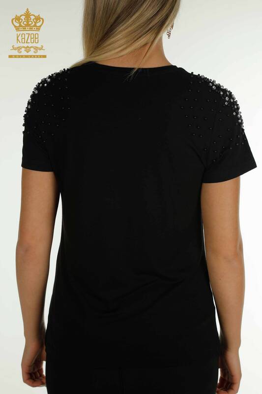 Wholesale Women's Blouse Beaded Stone Embroidered Black - 79199 | KAZEE