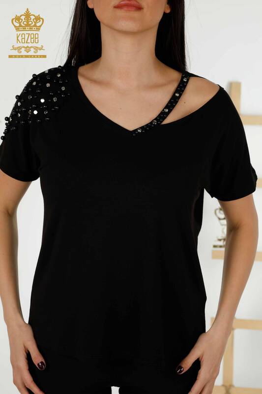 Wholesale Women's Blouse - Beads Stone Embroidered - Black - 79200 | KAZEE