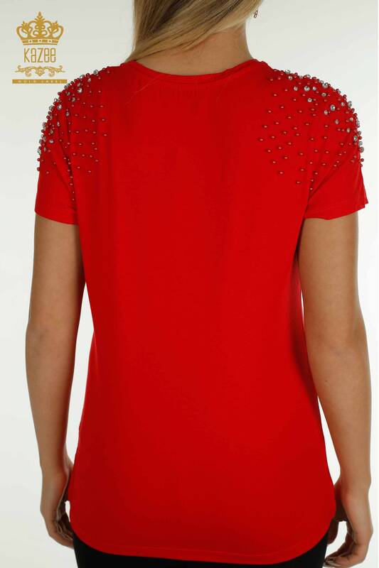 Wholesale Women's Blouse Beads Embroidered Red - 79199 | KAZEE