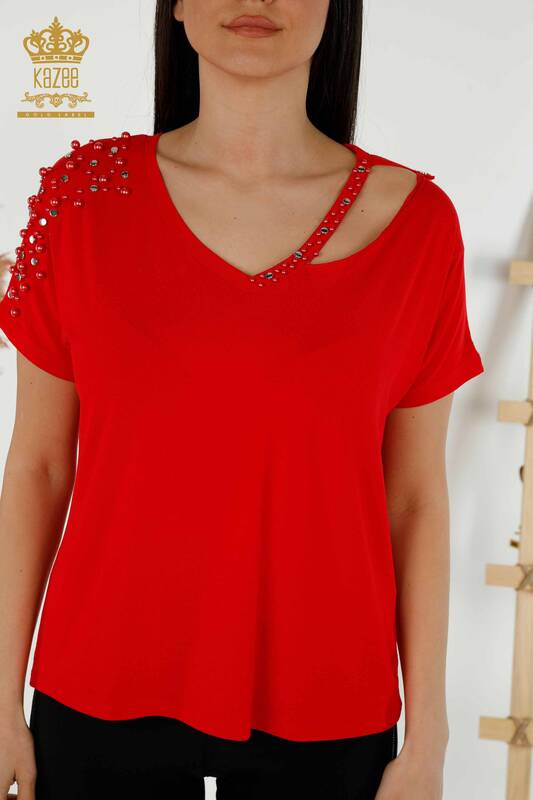 Wholesale Women's Blouse - Beads Stone Embroidered - Red - 79200 | KAZEE