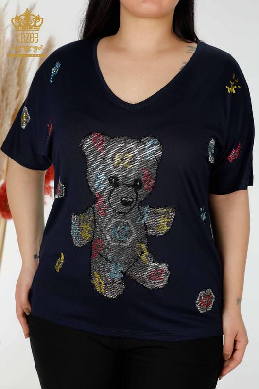 Wholesale Women's Blouse Bear Pattern Black - 77666 | KAZEE