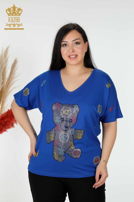 Wholesale Women's Blouse Bear Pattern Sax - 77666 | KAZEE