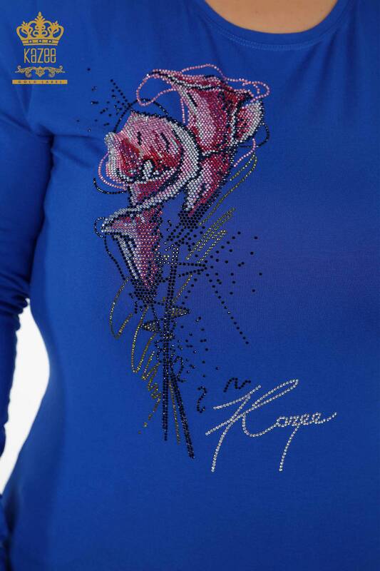 Wholesale Women's Blouse Crew Neck Sleeve Stripe Stone Rose Pattern - 79023 | KAZEE