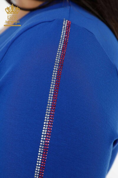 Wholesale Women's Blouse Crew Neck Sleeve Stripe Stone Rose Pattern - 79023 | KAZEE - Thumbnail