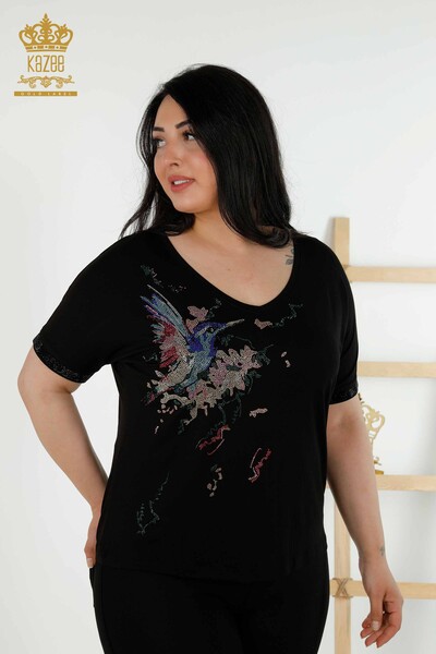 Wholesale Women's Blouse - Bird Pattern - Black - 79296 | KAZEE - Thumbnail