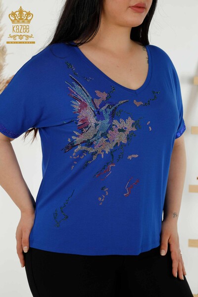 Wholesale Women's Blouse - Bird Pattern - Dark Blue - 79296 | KAZEE - Thumbnail
