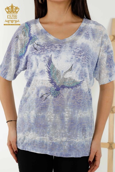 Wholesale Women's Blouse - Bird Pattern - Indigo - 79124 | KAZEE - Thumbnail