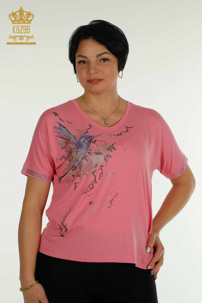 Kazee - Wholesale Women's Blouse Bird Patterned Pink - 79296 | KAZEE