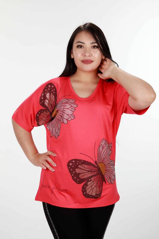 Wholesale Women's Blouse Butterfly and Daisy Patterned Stone - 78932 | KAZEE