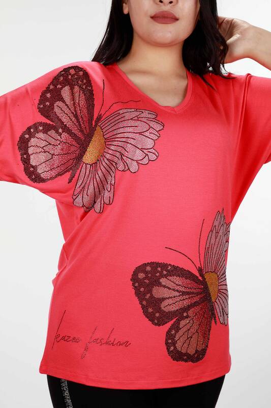 Wholesale Women's Blouse Butterfly and Daisy Patterned Stone - 78932 | KAZEE