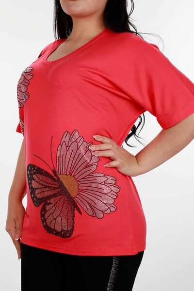 Wholesale Women's Blouse Butterfly and Daisy Patterned Stone - 78932 | KAZEE - Thumbnail