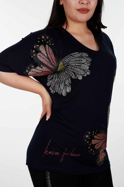 Wholesale Women's Blouse Butterfly and Daisy Patterned Stone - 78932 | KAZEE - Thumbnail