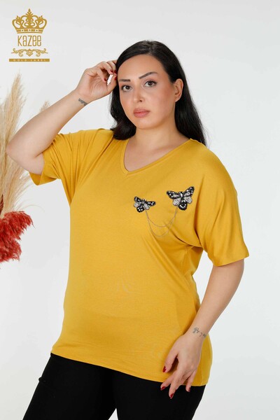 Wholesale Women's Blouse Butterfly Patterned Saffron - 78933 | KAZEE - Thumbnail