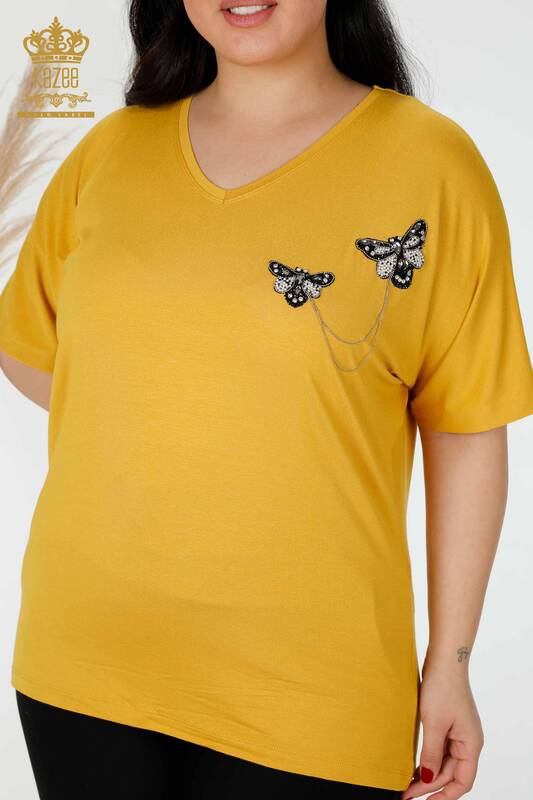 Wholesale Women's Blouse Butterfly Patterned Saffron - 78933 | KAZEE