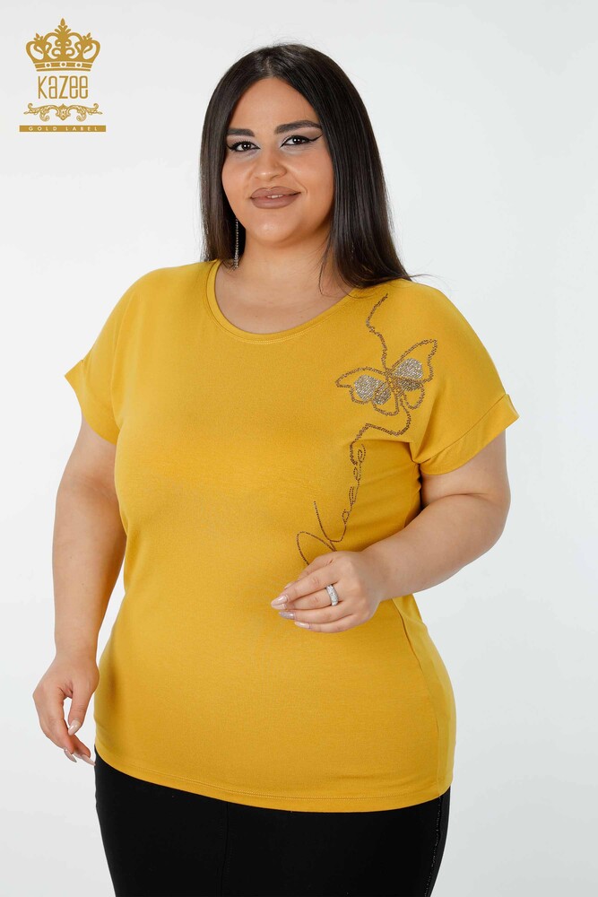 Wholesale Women's Blouse Butterfly Patterned Saffron - 78956 | KAZEE - 1