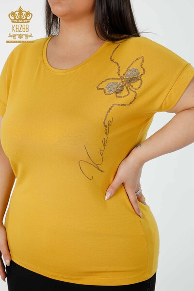 Wholesale Women's Blouse Butterfly Patterned Saffron - 78956 | KAZEE - Thumbnail