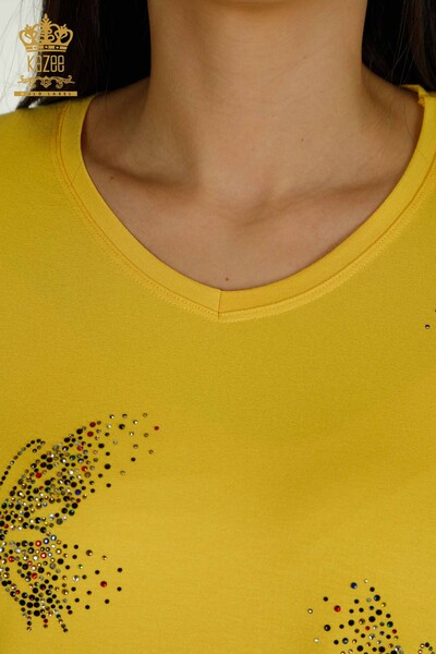 Wholesale Women's Blouse - Butterfly Pattern - Yellow - 79364 | KAZEE - Thumbnail