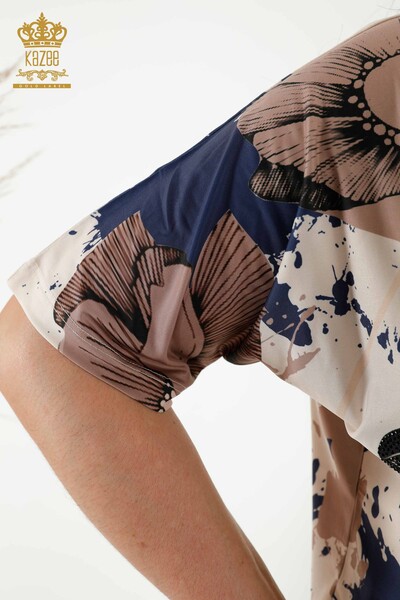 Wholesale Women's Blouse - Butterfly Pattern - Beige - 77900 | KAZEE - Thumbnail