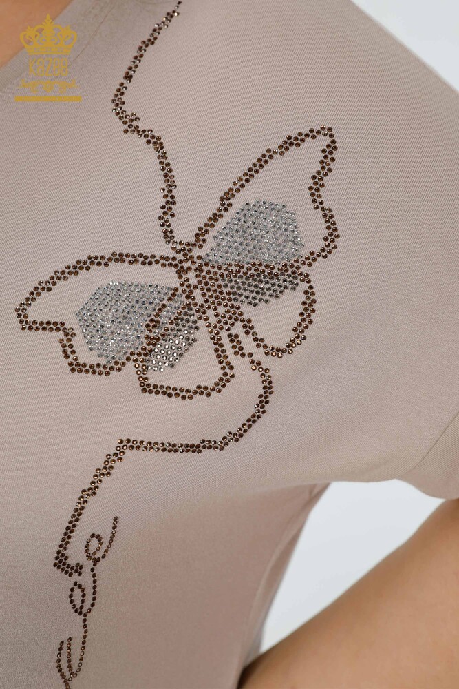 Wholesale Women's Blouse Butterfly Pattern Beige - 78956 | KAZEE - 3