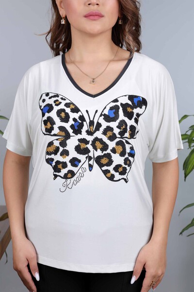 Wholesale Women's Blouse Cotton Butterfly Patterned Crew Neck - 12003 | KAZEE - Thumbnail