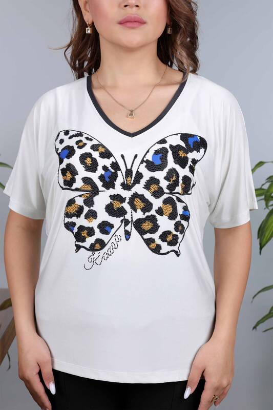 Wholesale Women's Blouse Cotton Butterfly Patterned Crew Neck - 12003 | KAZEE