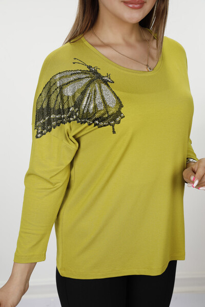 Wholesale Women's Blouse Butterfly Pattern Crew Neck - 77971 | KAZEE - Thumbnail (2)