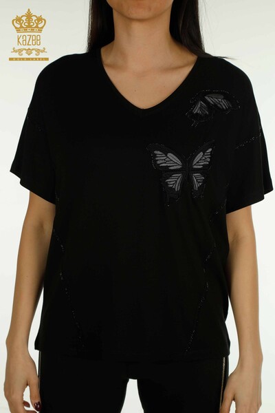 Wholesale Women's Blouse Butterfly Patterned Black - 79555 | KAZEE - Thumbnail