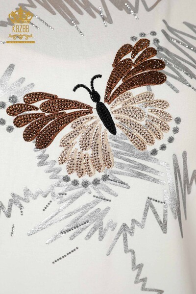 Wholesale Women's Blouse Butterfly Patterned Ecru - 78926 | KAZEE - 4