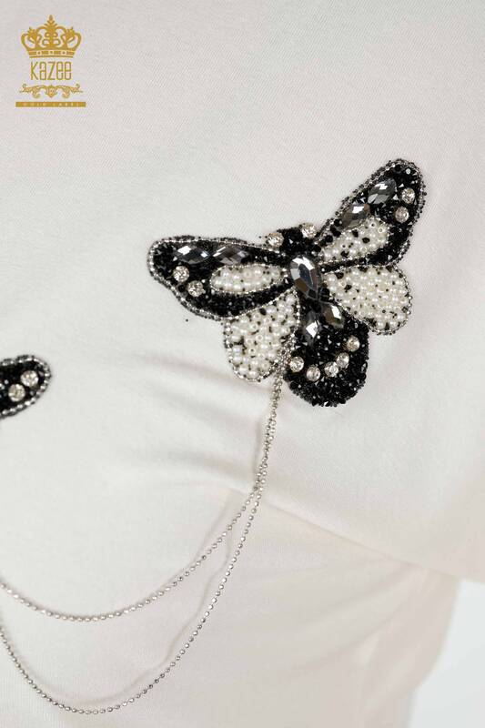 Wholesale Women's Blouse Butterfly Patterned Ecru - 78933 | KAZEE