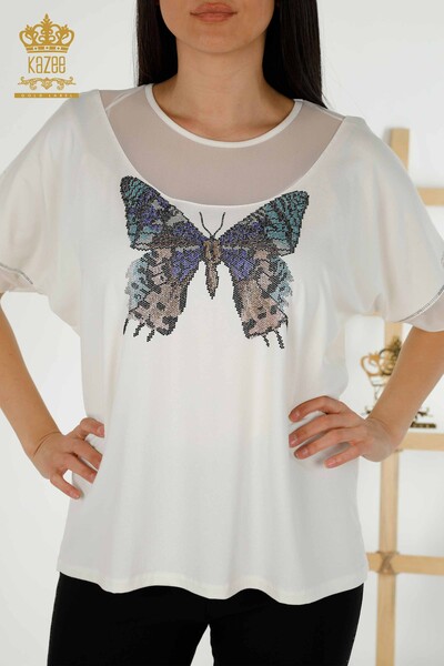 Wholesale Women's Blouse - Butterfly Pattern - Ecru - 79103 | KAZEE - Thumbnail