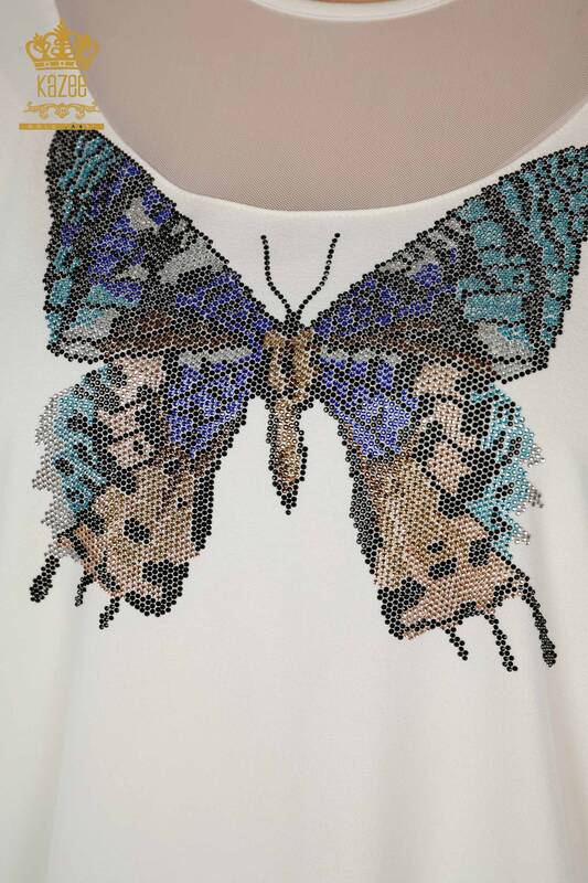 Wholesale Women's Blouse - Butterfly Pattern - Ecru - 79103 | KAZEE