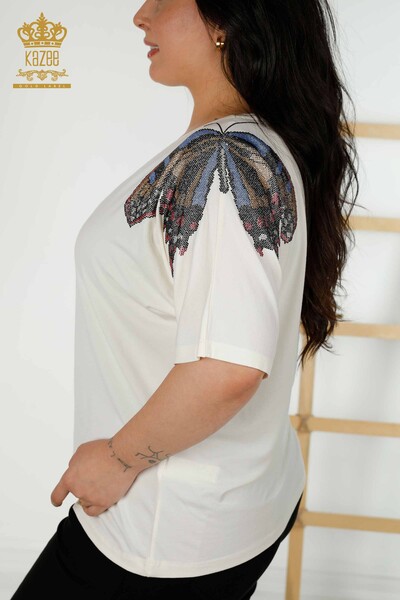 Wholesale Women's Blouse Butterfly Patterned Ecru - 79154 | KAZEE - Thumbnail